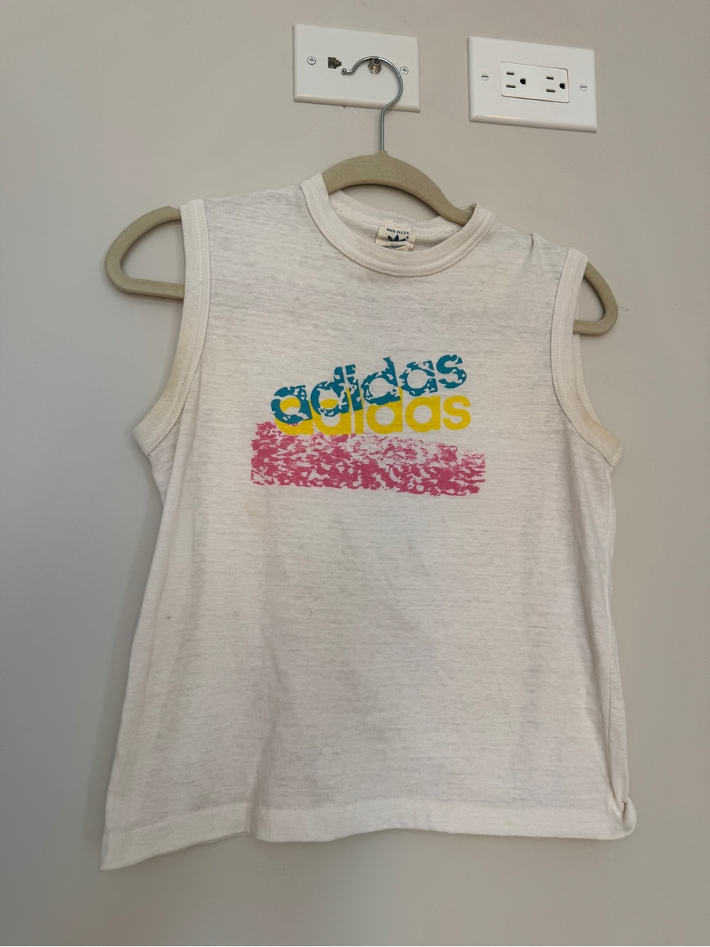 adidas White Sleeveless Logo Tank - Pink/Yellow/Blue Graphic